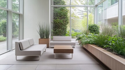 Fototapeta premium Modern minimalist sunroom with minimal furniture. Featuring a clean, open design with contemporary lines