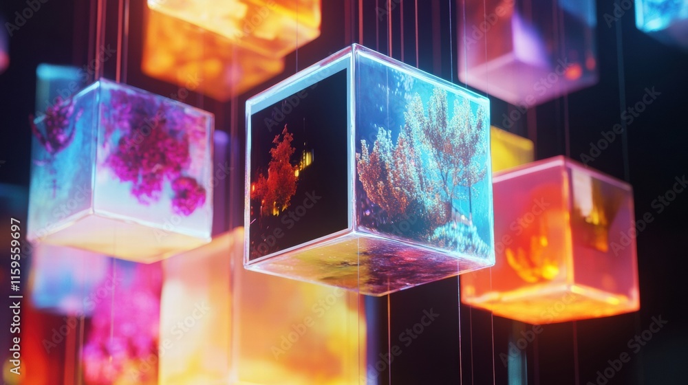 Leinwandbilder floating cubes display abstract text, colorful visuals, and multimedia symbols in a vibrant digital 