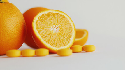 Fototapeta premium Fresh oranges and vitamin c tablets close-up for health and wellness concepts