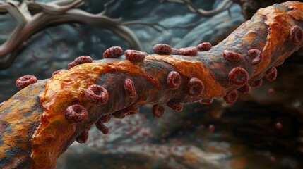 Microscopic view of blood vessel with plaque buildup and red blood cells.