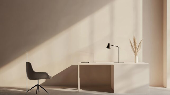Modern minimalist workspace with minimal decor. Featuring a clean, open design with contemporary lines