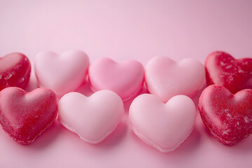 Fototapeta premium Romantic heart candies border on pink backdrop for valentine's day