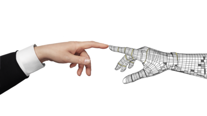 White cyborg robotic mesh grid hand pointing his finger to human hand with stretched finger - cyber la creation - isolated on free PNG background.