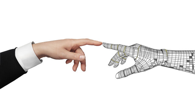 White cyborg robotic mesh grid hand pointing his finger to human hand with stretched finger - cyber la creation - isolated on free PNG background.