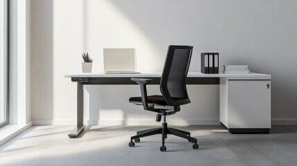 Modern minimalist workspace with minimal decor. Featuring a clean, open design with sleek lines