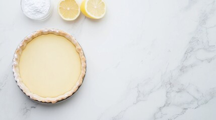 Leckere Zitronentarte mit Puderzucker auf Marmoroberfl&auml;che