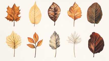Obraz premium Green Leaf Collection: Artistic Watercolor and Detailed Digital Illustrations Featuring Clovers, Tropical Leaves, Falling Foliage, and Textured Dry Leaves - Perfect for Nature-Themed Designs and Decor