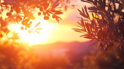 Fototapeta premium Olive tree branch with ripe olives, Mediterranean sunset background, warm tones generative ai