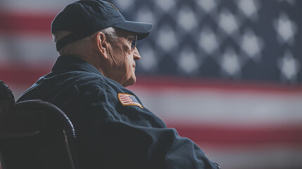 Obraz premium profile of an elderly male veteran in a wheelchair wearing a cap with an American flag patch, with a blurred American flag in the background. Memorial Day, Veterans Day theme