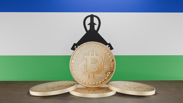 Golden bitcoin coin in front of the Lesotho flag, symbolizing cryptocurrency and digital finance in Lesotho, representing blockchain innovation and financial technology in a patriotic context