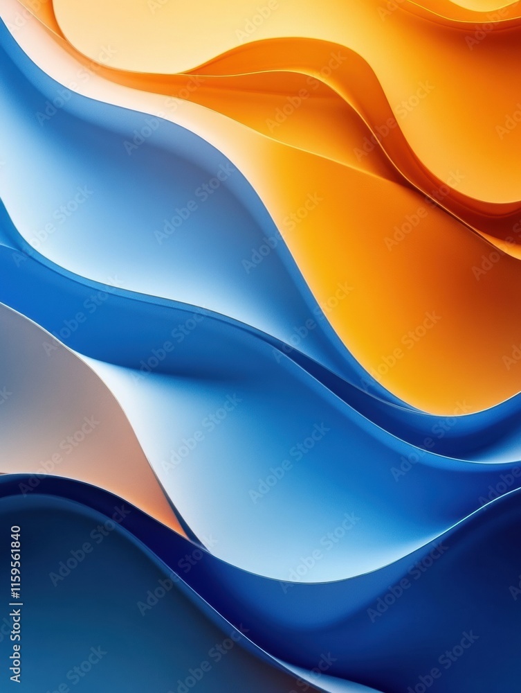 Poster Abstract glossy waves in vibrant shades of orange and blue create a dynamic visual experience. Generative AI