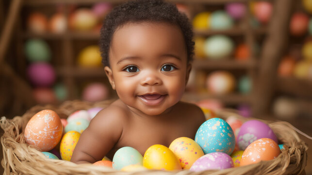 Joyful infant celebrating easter with a basket of vibrant eggs, surrounded by more eggs in the background