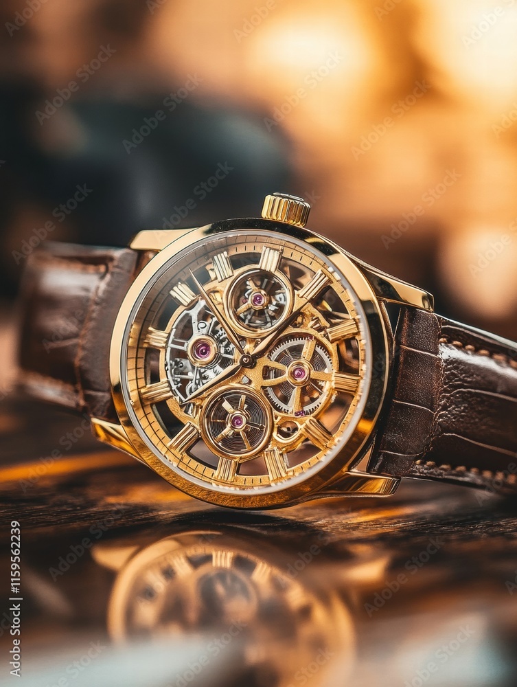 Poster luxury wristwatch with golden frame and intricate design highlights elegance and craftsmanship. gene