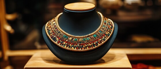 Ornate gold necklace with colorful gemstones displayed on a black stand.