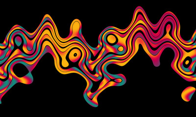 Abstract, psychedelic patterns on a black background. Iridescent splashes and organic shapes. Background for poster or cover art.