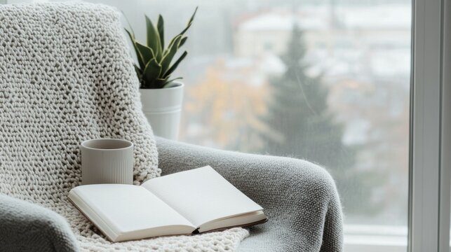 Gem&uuml;tlicher Tagebuch-Moment in einem bequemen Sessel mit Decke und warmem Getr&auml;nk am Fenster
