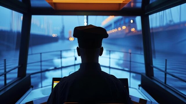 River cruise ship captain navigating nocturnal waterway, silhouetted against illuminated urban skyline, guiding vessel with professional maritime expertise