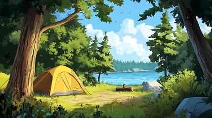 A serene camping scene by a lake, featuring tents, trees, and a picturesque sky.
