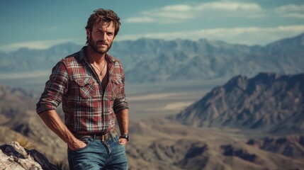 Fototapeta premium Rugged Man Stands Against Majestic Mountain Range