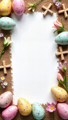 Modern Easter Frame with Colorful Eggs and Natural Elements