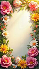 Fototapeta premium Romantic Easter Frame with Roses and Spring Flowers