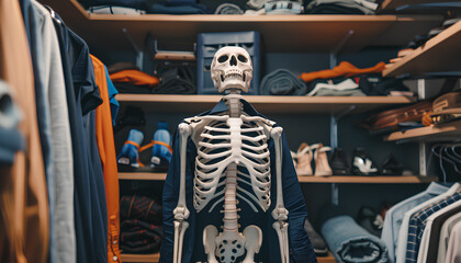 Artificial human skeleton model among clothes in wardrobe