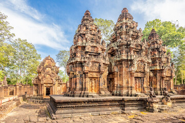 Hidden in jungles hindu Banteay Srei khmer ruined temple inner yard, Angkor Archaeological Park, Siem Reap, Cambodia