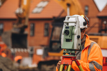 Building site engineer surveyor using surveying equipment on a building site in the afternoon