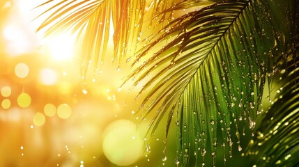 Obraz premium Palm tree leaves glistening with fresh rainwater, warm tropical vibes, bright sunlight breaking through the foliage generative ai