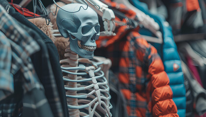Artificial human skeleton model among clothes in wardrobe