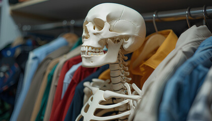 Artificial human skeleton model among clothes in wardrobe