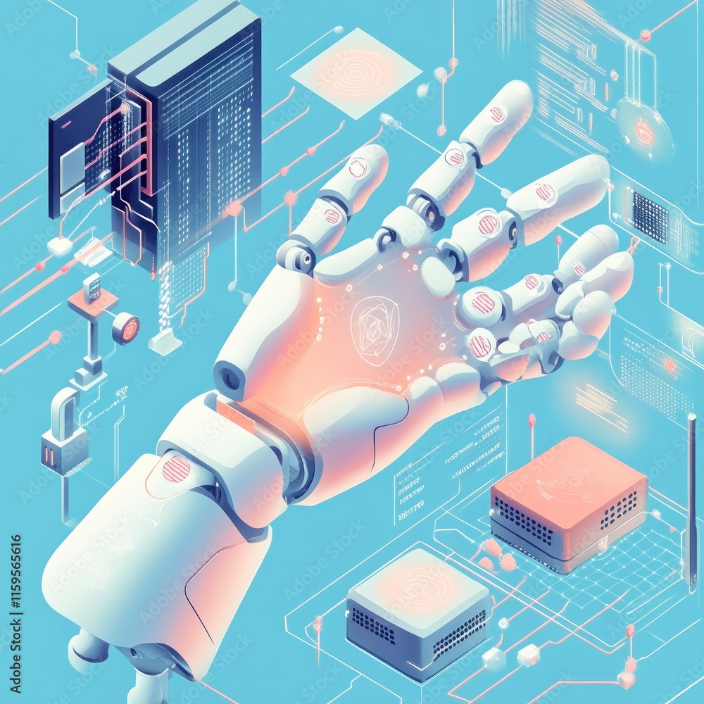 Poster robotic hand interacting with digital technology and circuits.