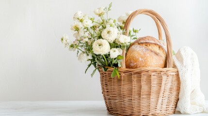 Bezaubernder Fr&uuml;hlingskorb mit frischen Blumen und selbstgebackenem Brot als saisonale Dekoration