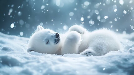 Fototapeta premium Adorable Polar Bear Cub Sleeping in Snowy Winter Wonderland
