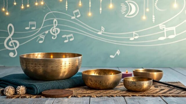 Golden tibetan singing bowls and candles resting on wooden surface, radiating warm glow with musical notes and soft lighting, embodying meditative tranquility