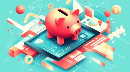 Digital Banking and Savings: Futuristic Piggy Bank on a Tablet with Financial Icons