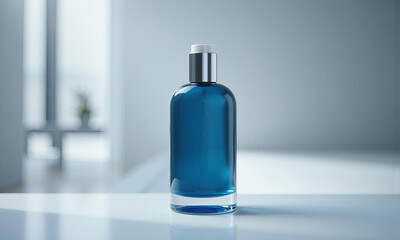 Blue glass bottle with metallic cap on a reflective surface in bright room