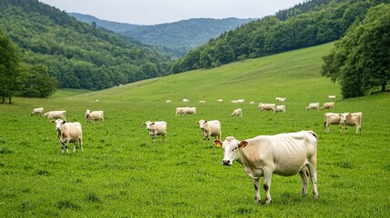 Fototapeta premium A serene pasture with cows grazing on lush green grass, surrounded by rolling hills and trees under a clear sky.