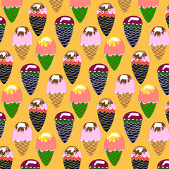 Beautiful collection of ice cream seamless colorful pattern. Waffle cones with cream and chocolate. For printing on wrapping paper, wallpaper, covers, prints on clothes. Advertising. illustration