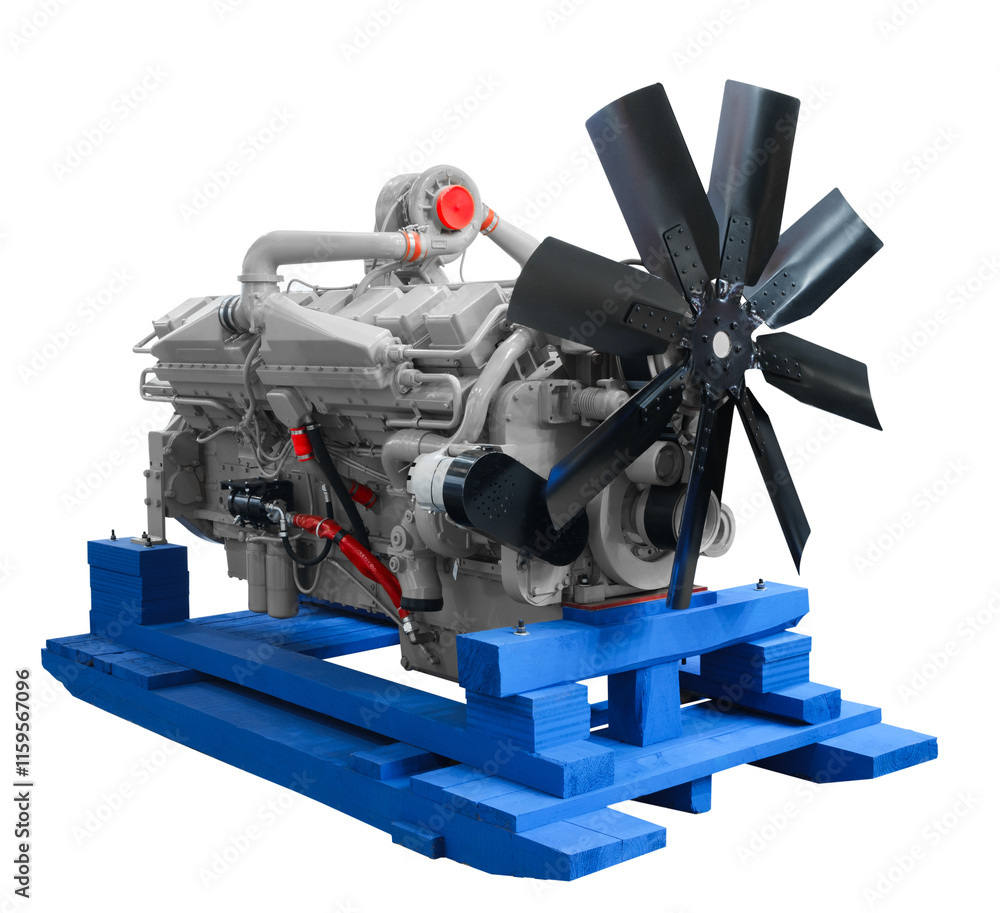Poster large engine with a black fan on top of it. the engine is on a blue platform solated on transparent 