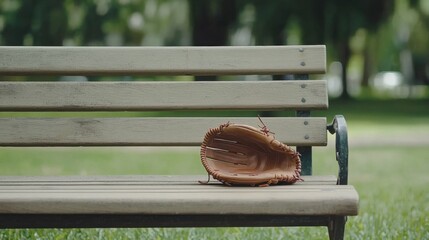 Baseballhandschuh ruht auf einer Parkbank inmitten der Frühlingsruhe - obrazy, fototapety, plakaty