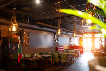 Sunny empty restaurant interior with no people tables sun restaurant