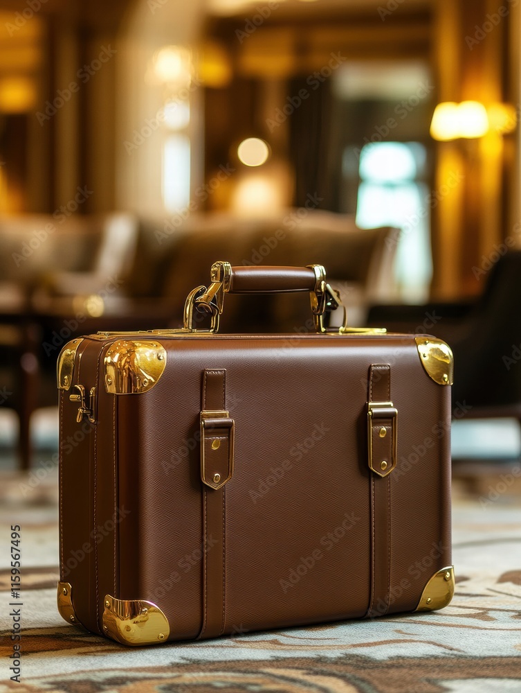 Poster luxurious leather suitcase with golden hardware in a sophisticated setting of an upscale hotel loung