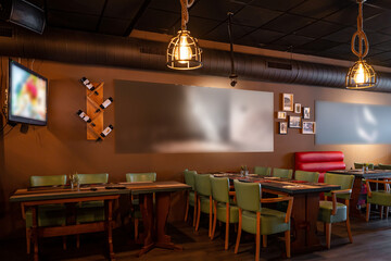 Sunny empty restaurant interior with no people tables sun restaurant
