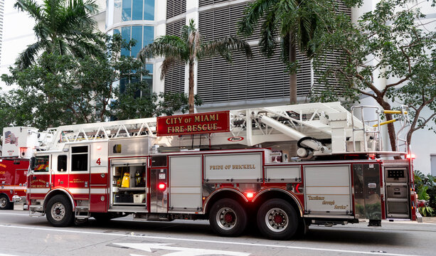 Miami, Florida, USA - December 01, 2024: Fire rescue city of Miami firetruck. Big firetruck outdoor. Firetruck vehicle, side view