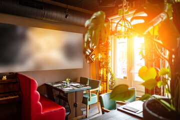 Natural restaurant interior with scenic view at sunset