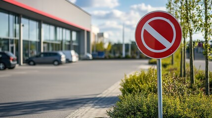 A clear no parking sign stands beside a modern building, indicating restricted parking in a well-maintained outdoor area.