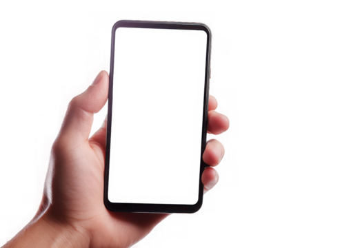 Hand holding Smartphone as png photo and isolated on white background for your mobile phone app or web site design, logo Global Business technology