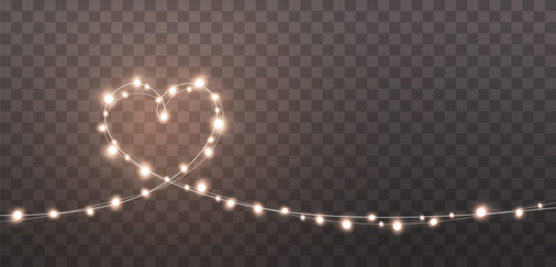 Lights bulbs isolated on transparent background. Glowing fairy heart garland string. Vector Valentine party led lamps decoration