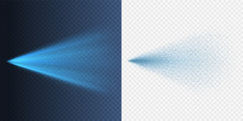 Water spray effects isolated on transparent background. Realistic light blue spray air freshener, shower or watering system. Vector fountain, mist, fog particles stream templates